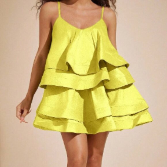 Yellow Layered Exaggerated Tier Ruffle Mini Baby Doll Taffeta Dress Small - Picture 2 of 3